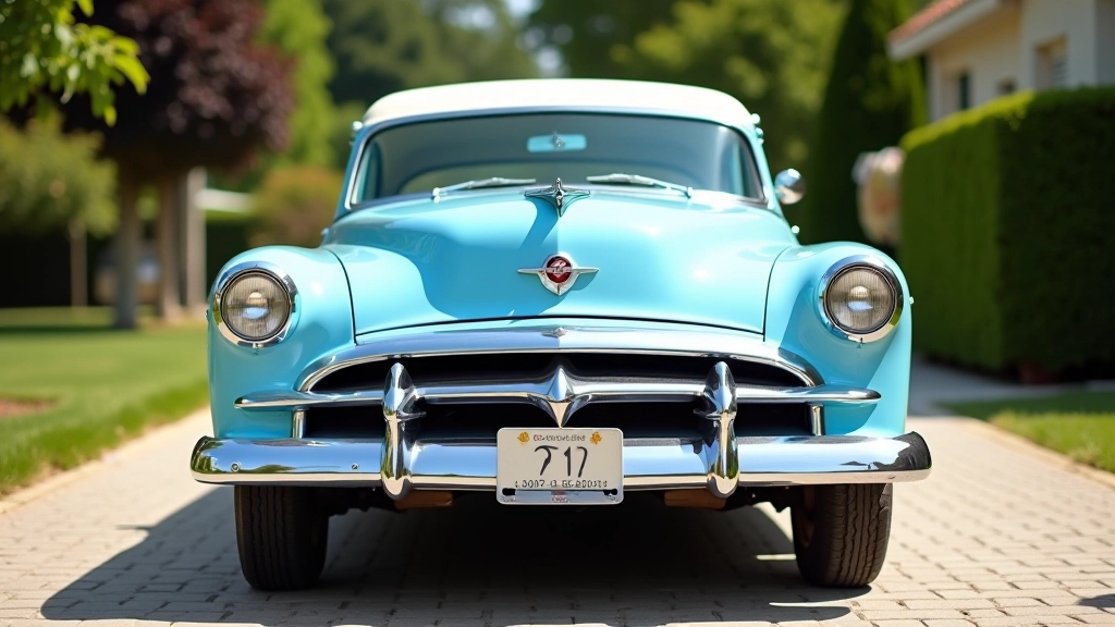 Šviesus 1950-ųjų amerikietiškas automobilis su šviesiais torpedais ir apvaliais lemtuvais