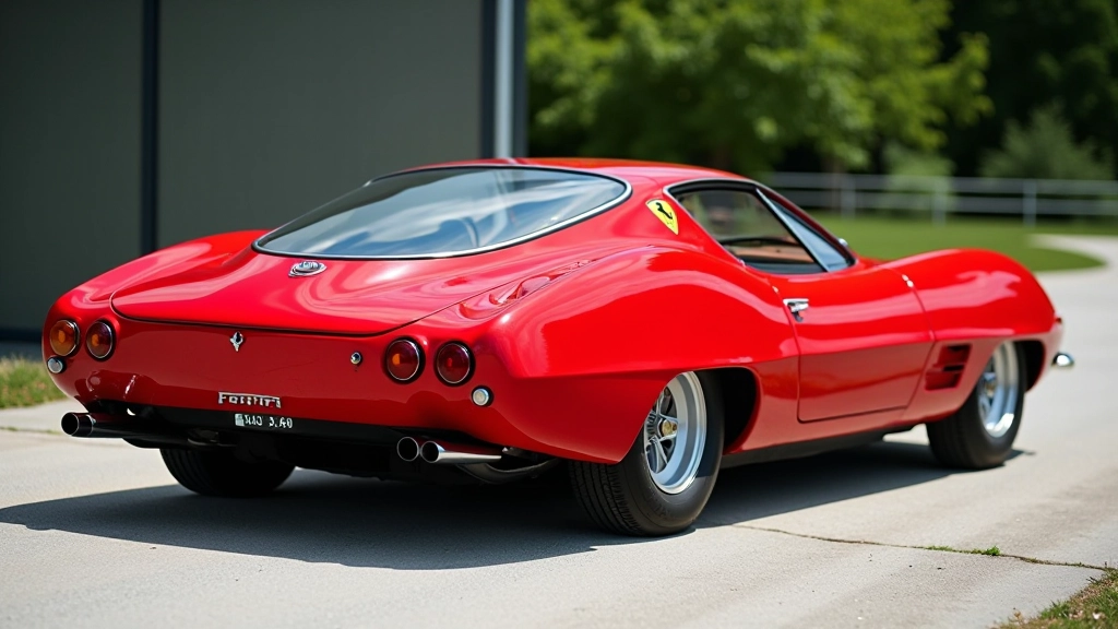 Blizgantis raudonas Ferrari modelis su chrominiais ratlankiais ir elegantine nugarėle, detali šoninio vaizdo nuotrauka