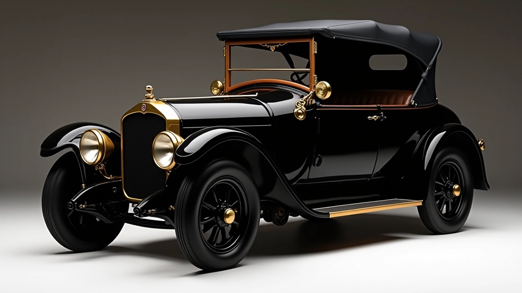 Restauruotas Fiat automobilis iš 1920-ųjų, juodas su auksiniais detalėmis, nuotrauka iš šono