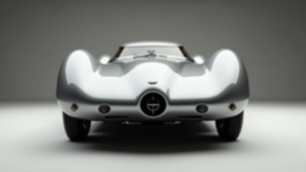 Sidabrinis eksperimentinis automobilis su nestandartine forma iš 1940-ųjų, fasado vaizdas