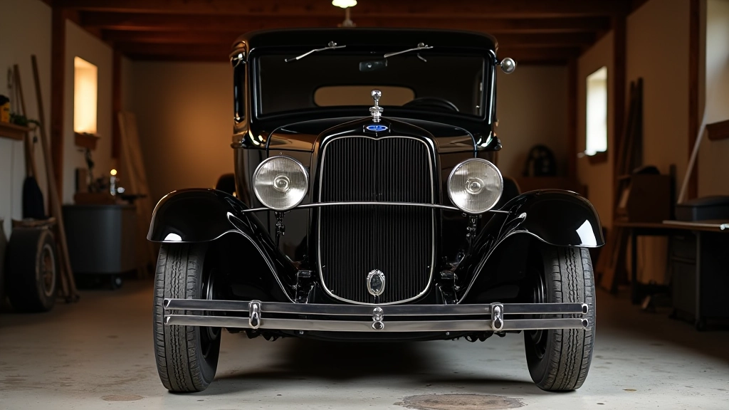 Juodas 1930-ųjų Forda modelis su aukštais ratais ir medinio rato vairikliu