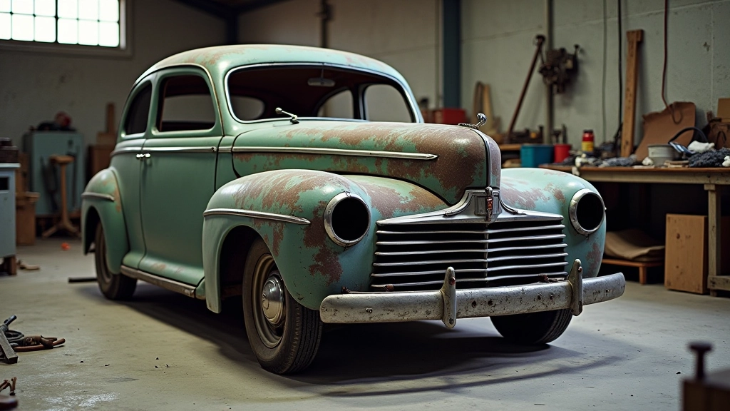 Pilkas 1940-ųjų automobilis restauravimo procesoje, dalinis demontavimas, garaže su žibintais
