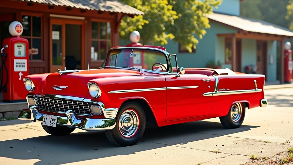 Raudona 1950-ųjų Chevrolet sedanė su chrominiu bamperu ir plačiais langais