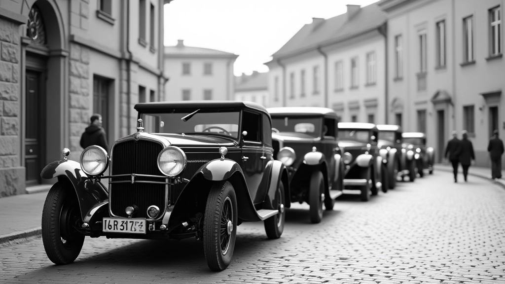Europiniai klasikiniai automobiliai parodyti ant 1920-ųjų metų gatves, juodi ir balti fotografijos