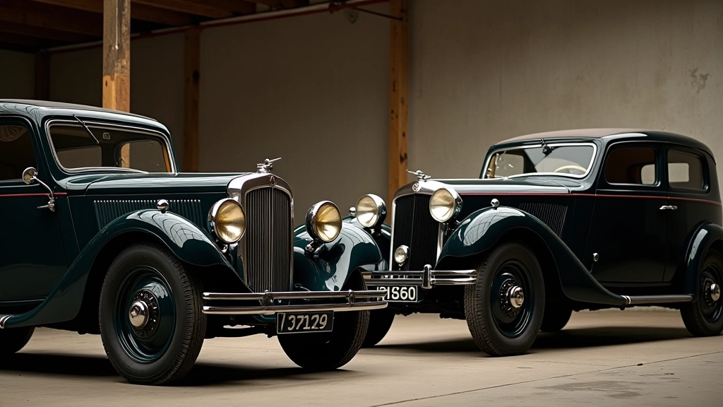 Klasikiniai Peugeot ir Renault automobiliai iš 1930-ųjų, šoninis žvilgsnis, nuotrauka savininko garaže