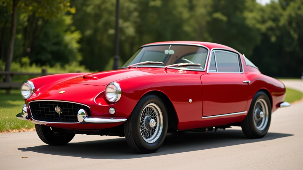 Raudonas klasikinis italų sportinis automobilis 1960-ųjų su chrominiais detalėmis, detali priekinio dalies nuotrauka