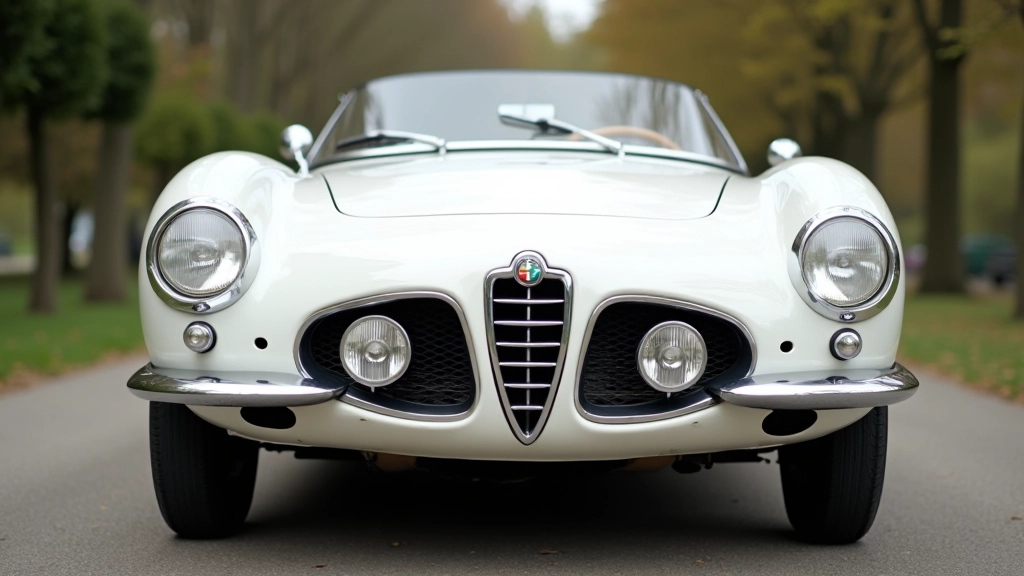 Balta Alfa Romeo 8C modelio nuotrauka su charakteringiamu šėltu grotelėmis, išorinis 45 laipsnių kampas
