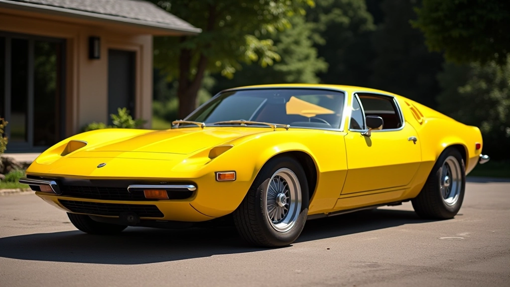 Geltonas Lamborghini Miura modelis su charakteristine dangčio forma ir žemomis linijomis, šoninis nuotrauka